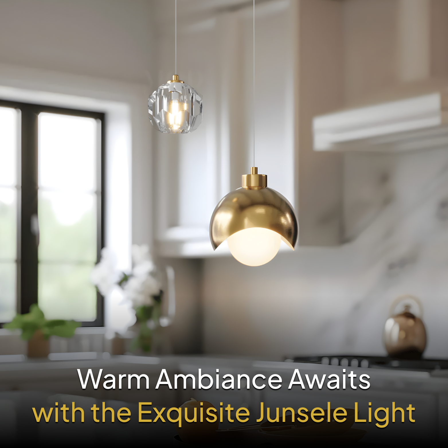 Modern kitchen with gold pendant light and text 'Warm Ambiance Awaits with the Exquisite Junsele Light'.