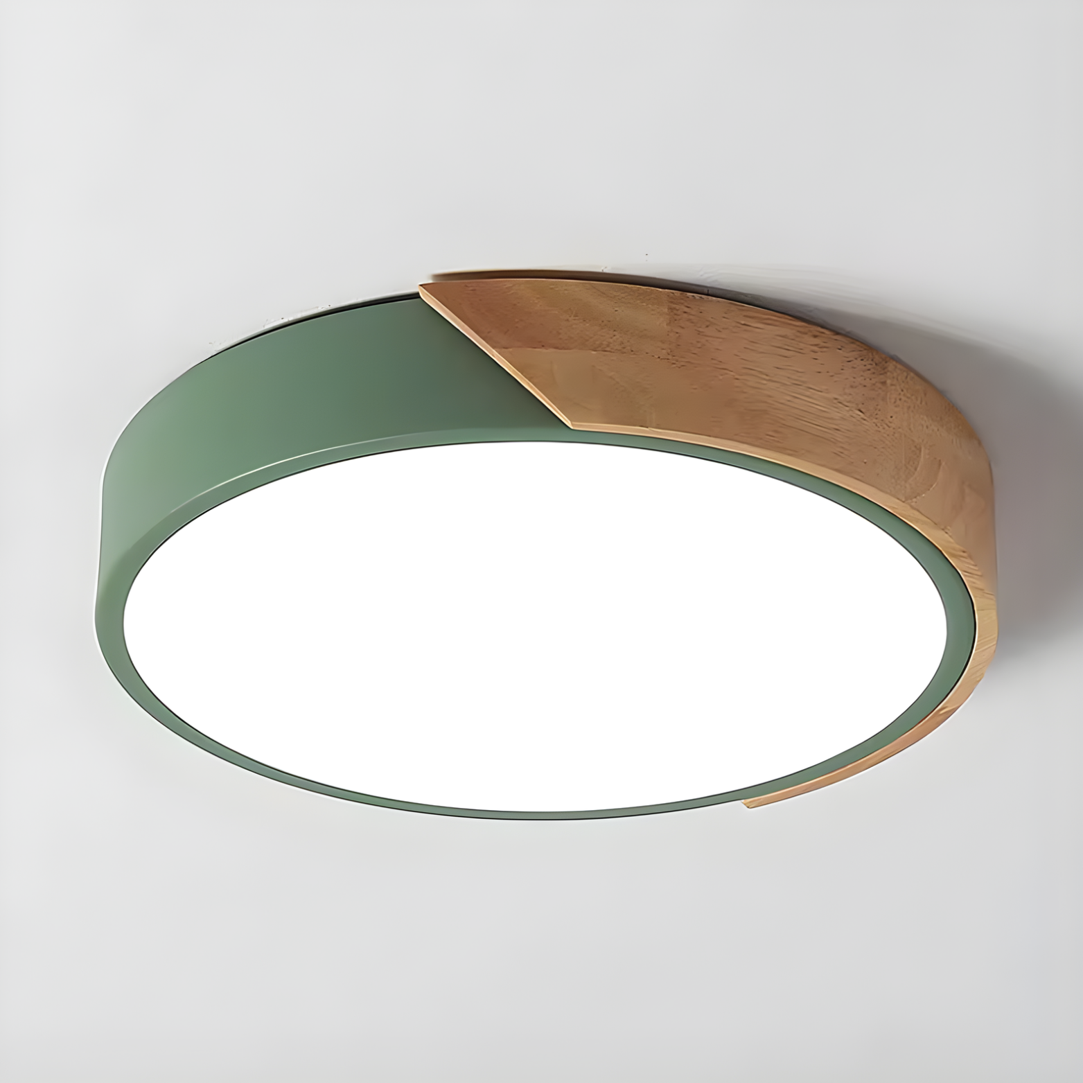 Ceiling light fixture with green and wooden design on a white background