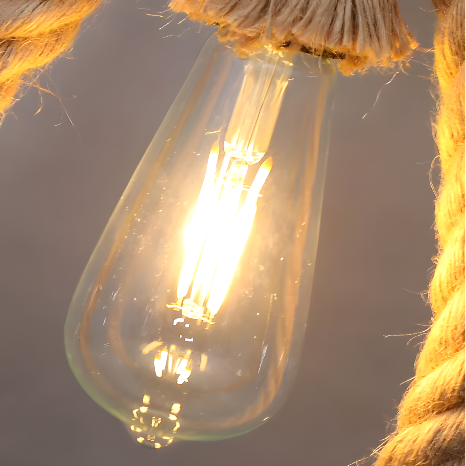 Vintage-style light bulb hanging by twine against a dark background