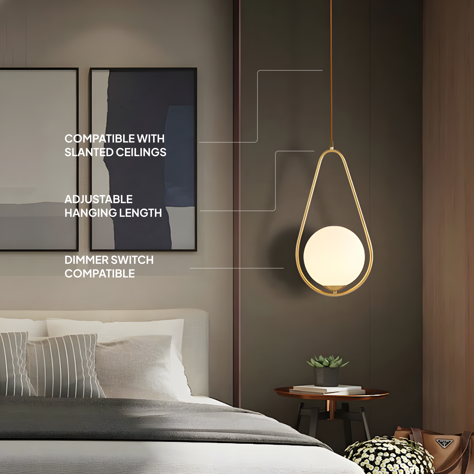 Modern bedroom with a hanging pendant light, bed, and side table.