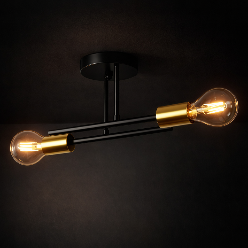 Modern ceiling light fixture with two exposed bulbs on a black background