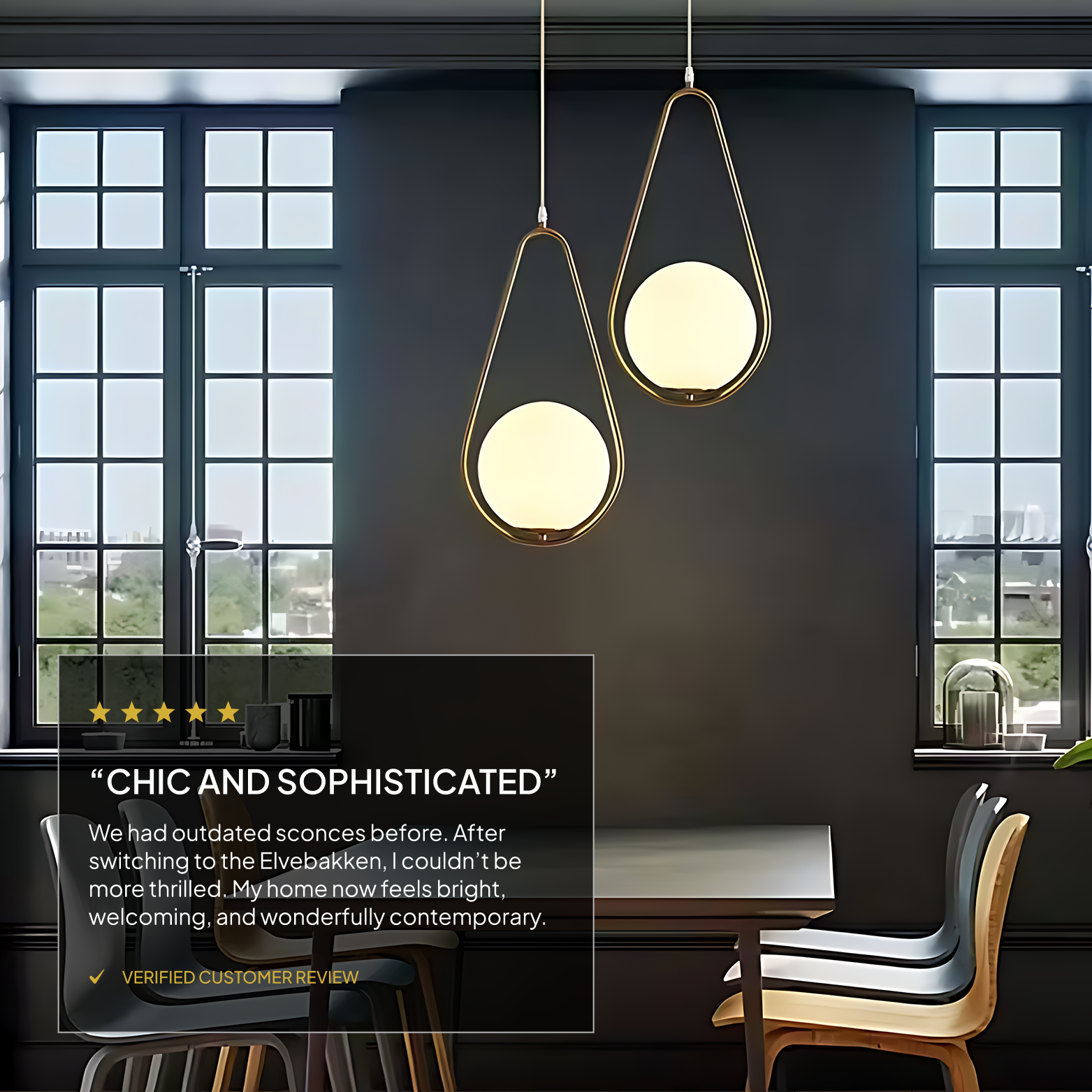 Modern interior with hanging pendant lights and a dining table.