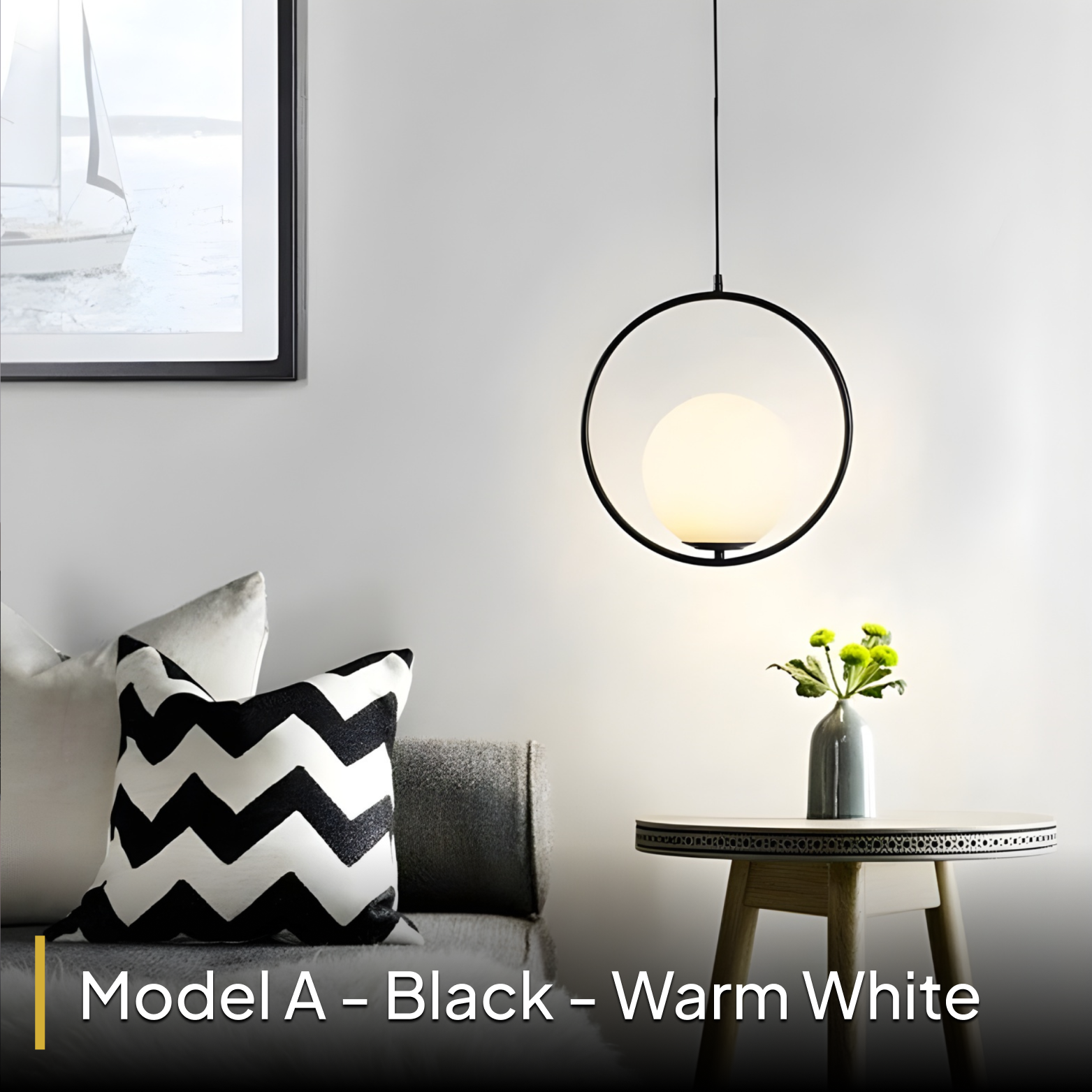 Modern living room with a chevron pillow, round pendant light, and small table with plant.