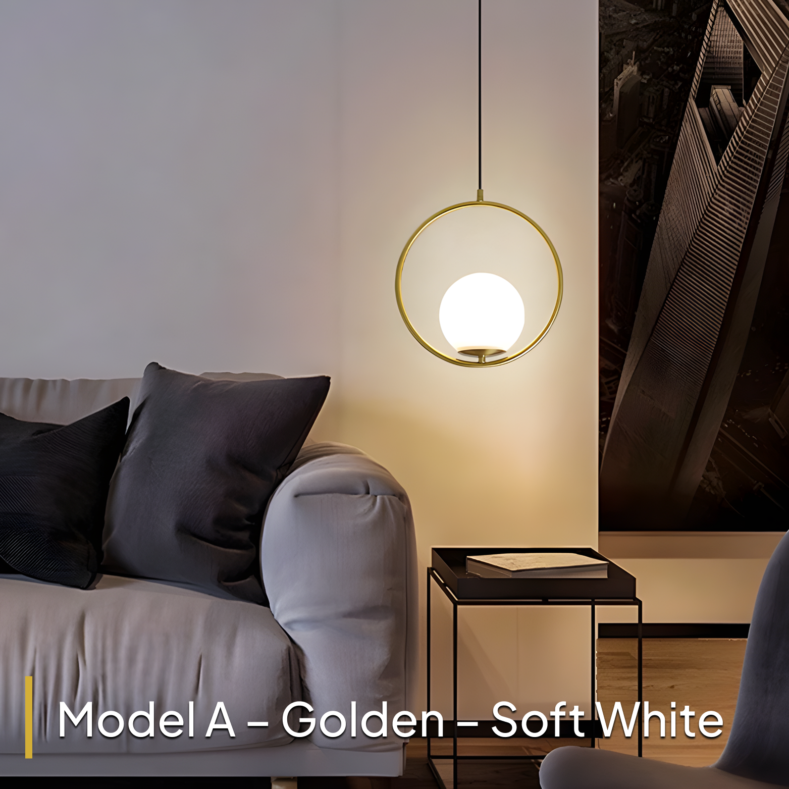 Modern living room with a gray sofa, black pillows, and a pendant light fixture.