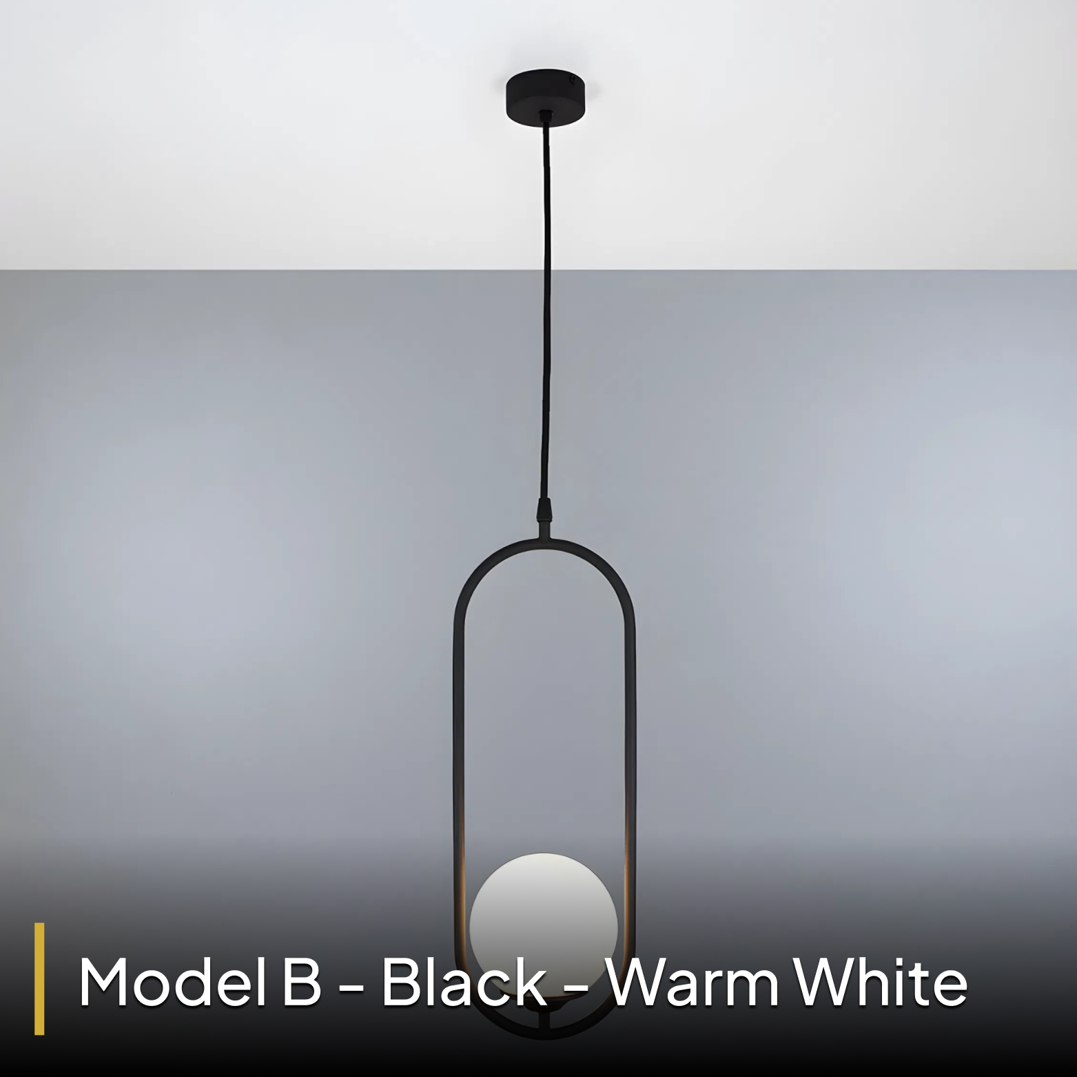 Modern pendant light with black frame and white bulb on a gray background