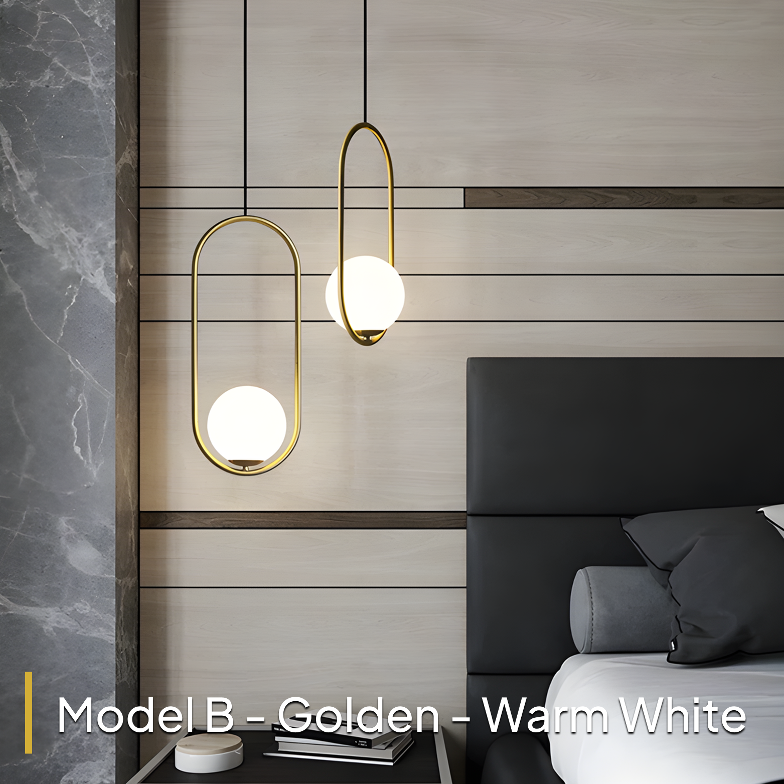 Modern bedroom with gold pendant lights and a gray headboard.