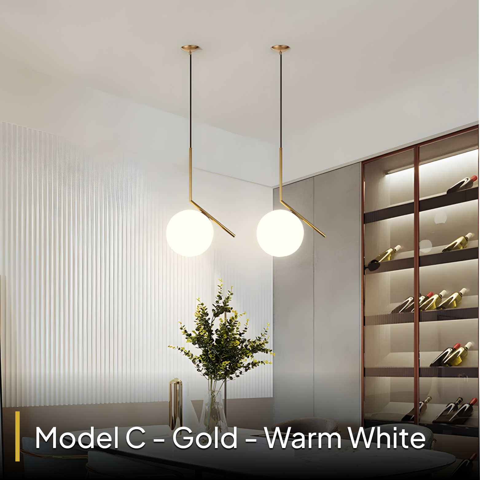 Modern pendant lights hanging in a stylish interior setting with shelves and decor.