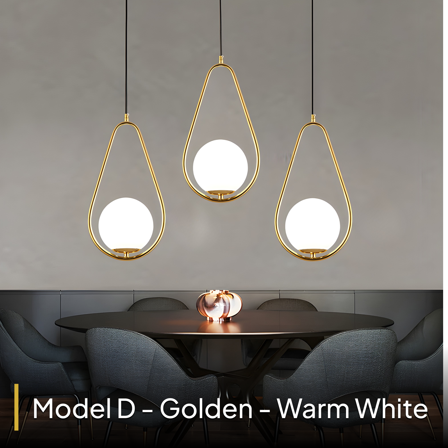 Three golden pendant lights with white glass shades hanging above a dining table.