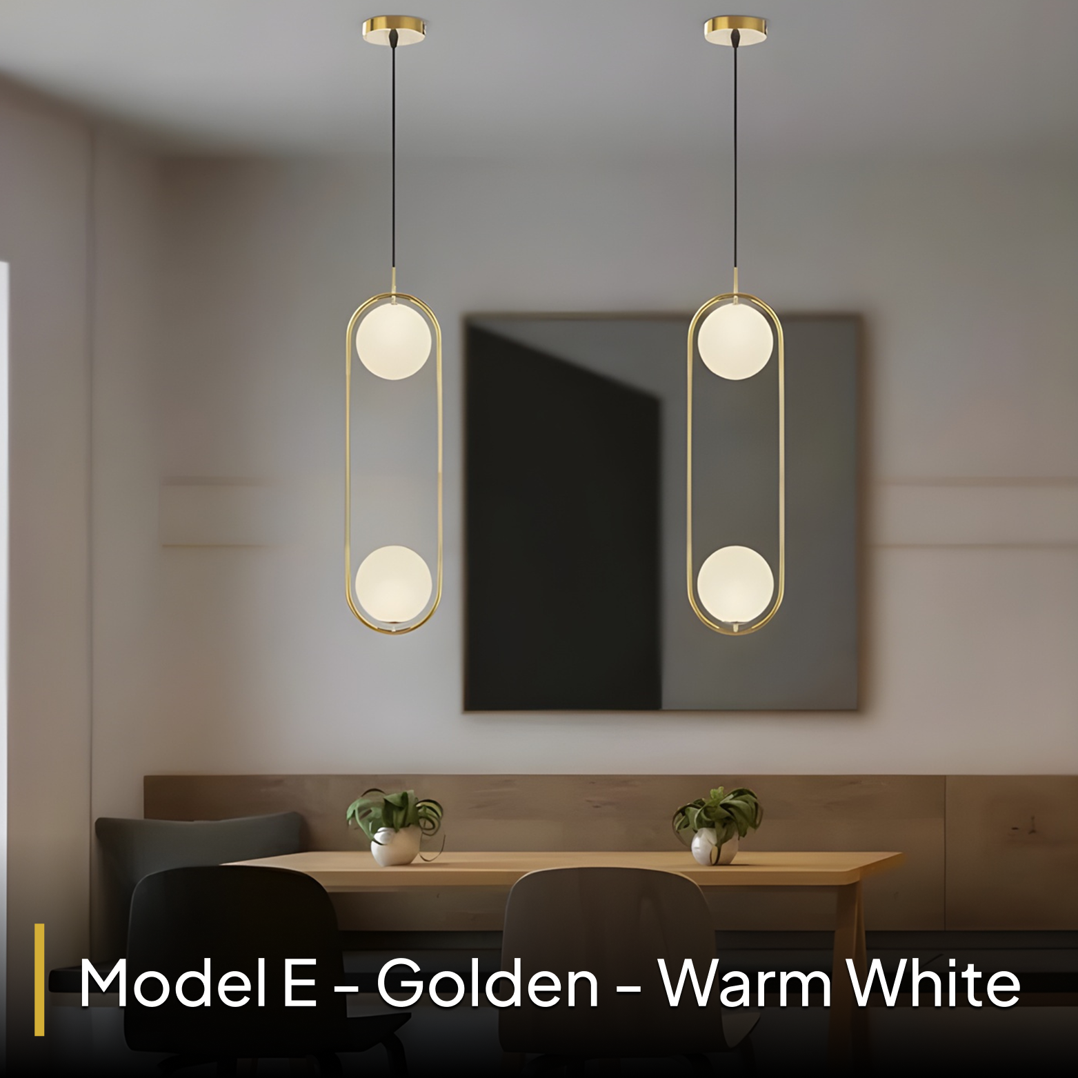Modern pendant lights hanging above a dining table in a minimalistic room.