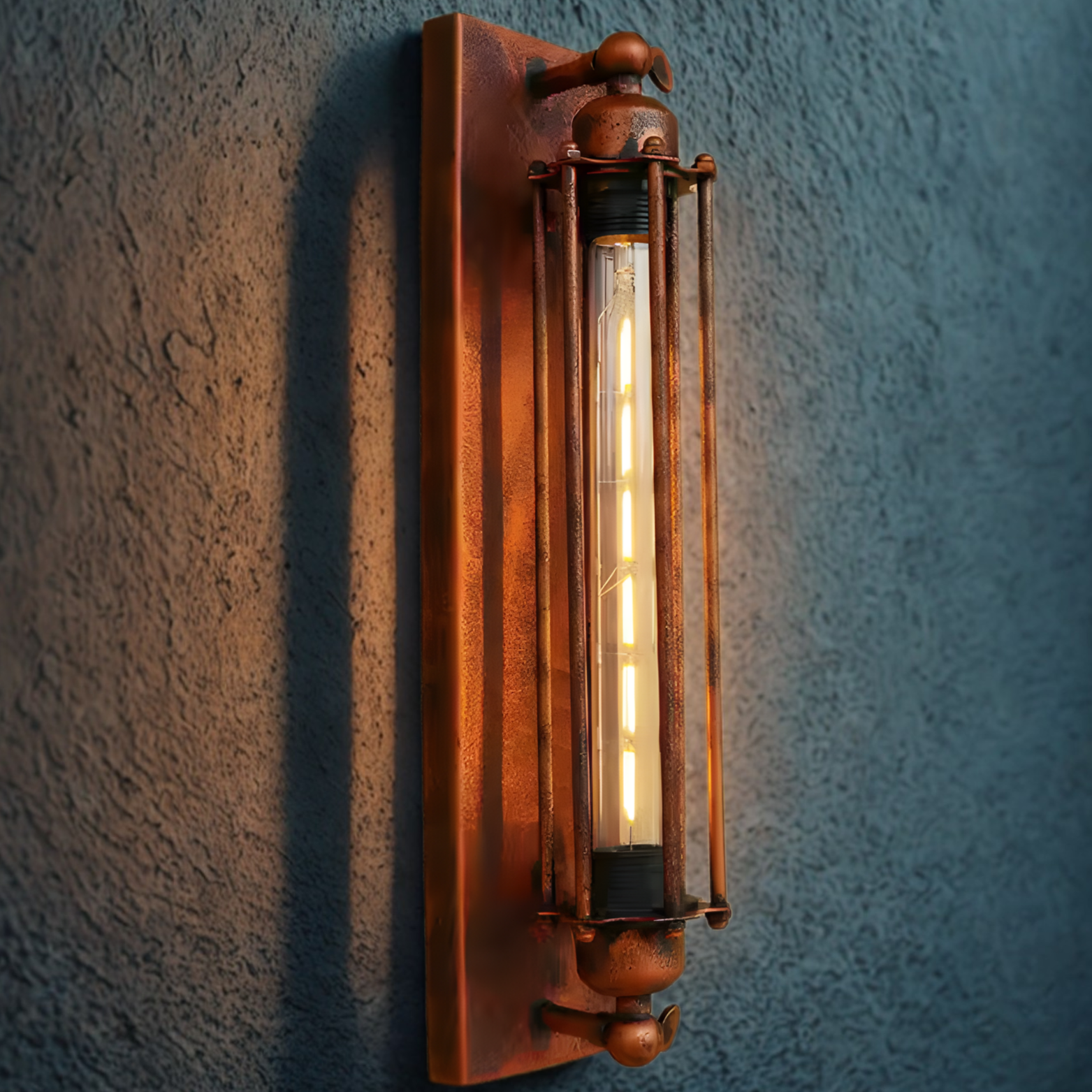 Rust-colored wall-mounted light fixture on a textured wall.