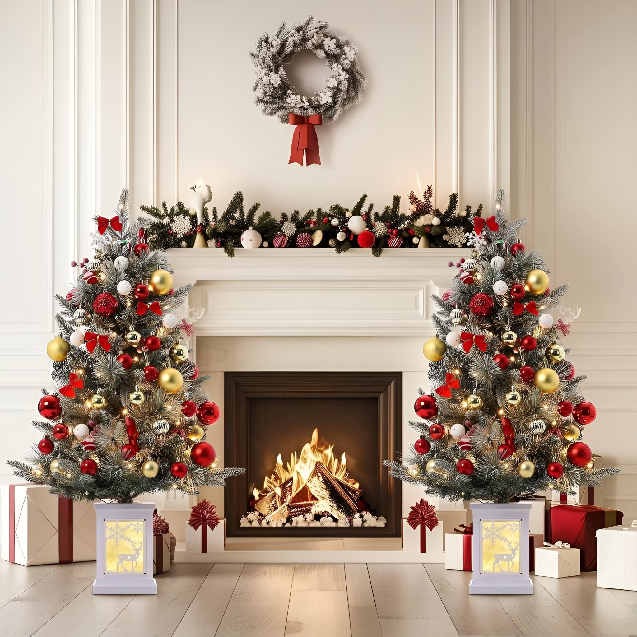 Two decorated Christmas trees in a living room with a fireplace and wreath.