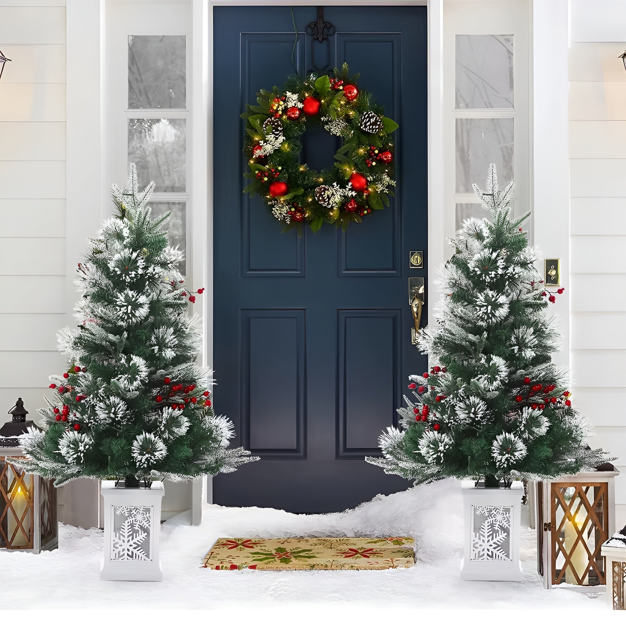Decorative Christmas scene with a blue door, wreath, and two small trees in front of a white house.