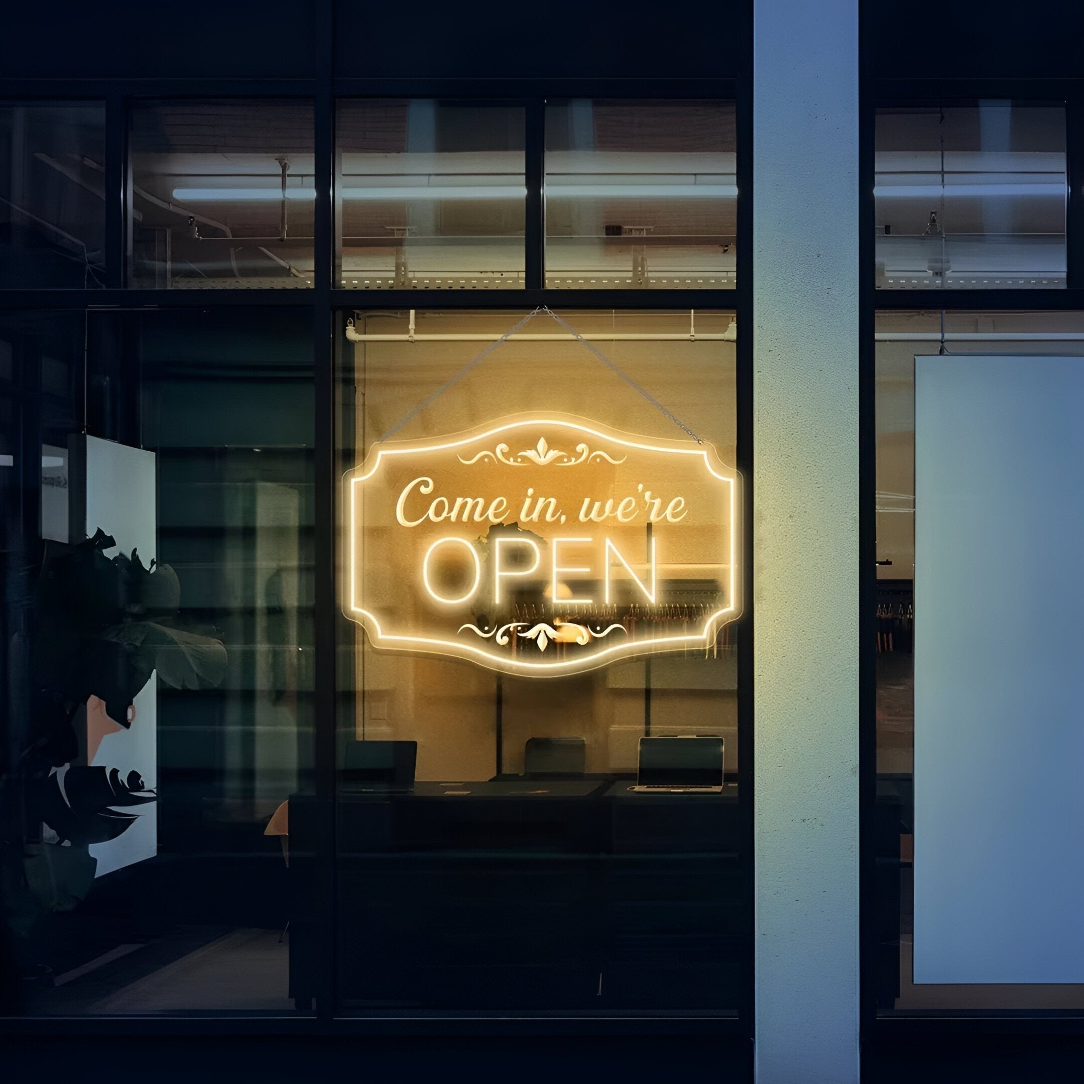 We're open yellow neon sign