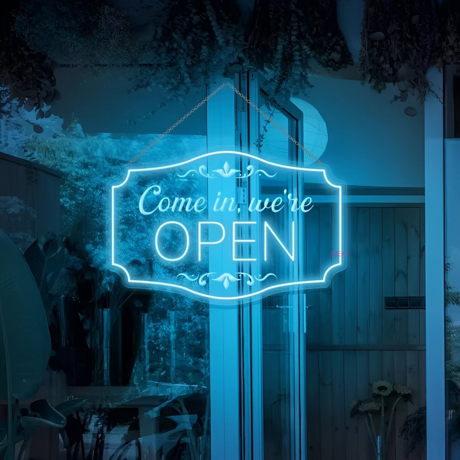 We're open blue neon sign