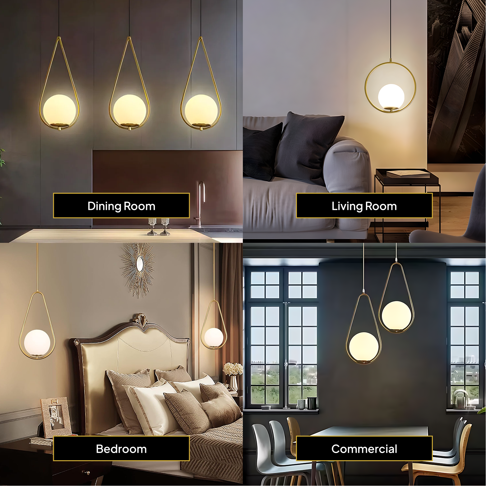Collage of pendant lights in different settings: dining room, living room, bedroom, and commercial area.
