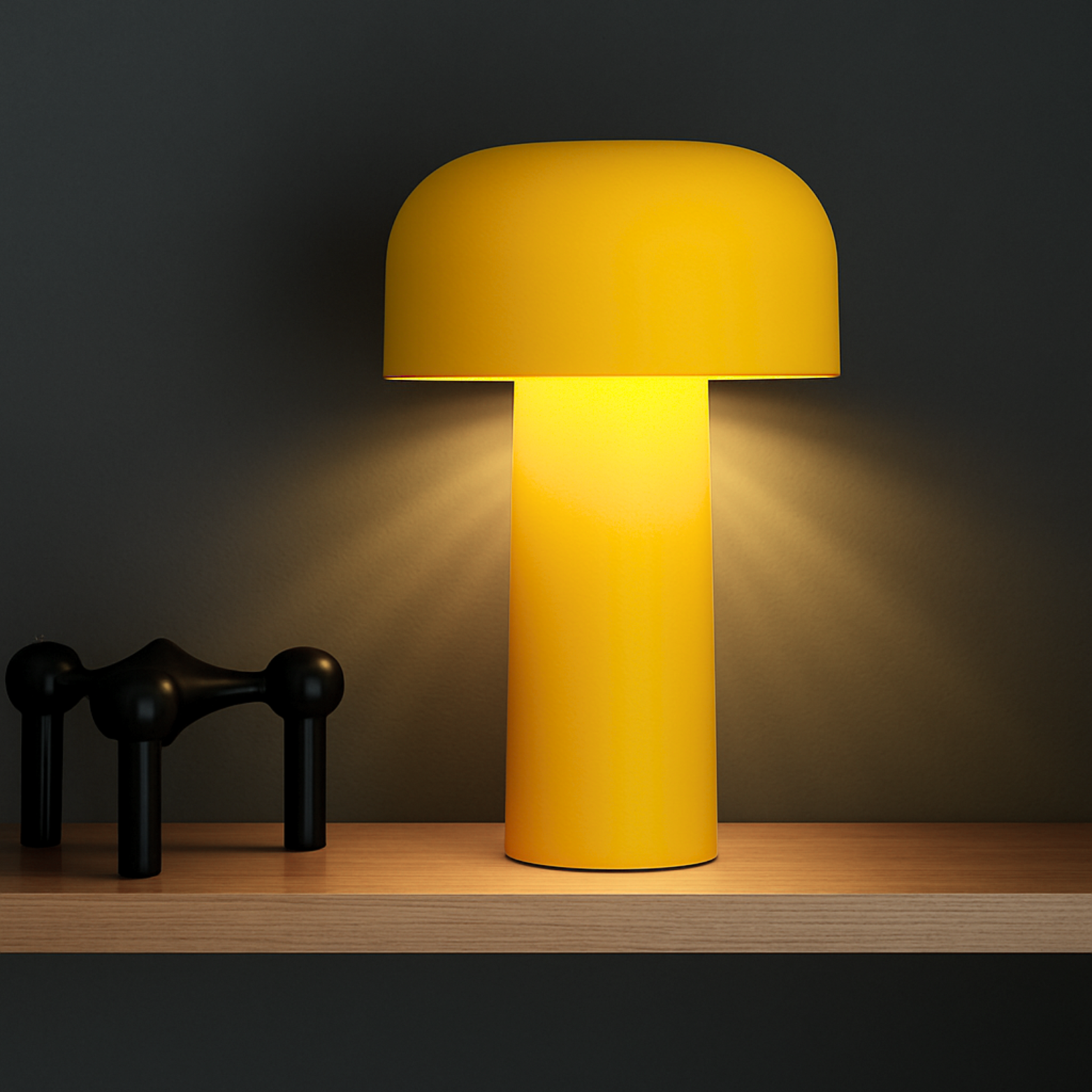 Yellow table lamp on a wooden surface with a dark background